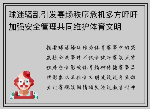 球迷骚乱引发赛场秩序危机多方呼吁加强安全管理共同维护体育文明